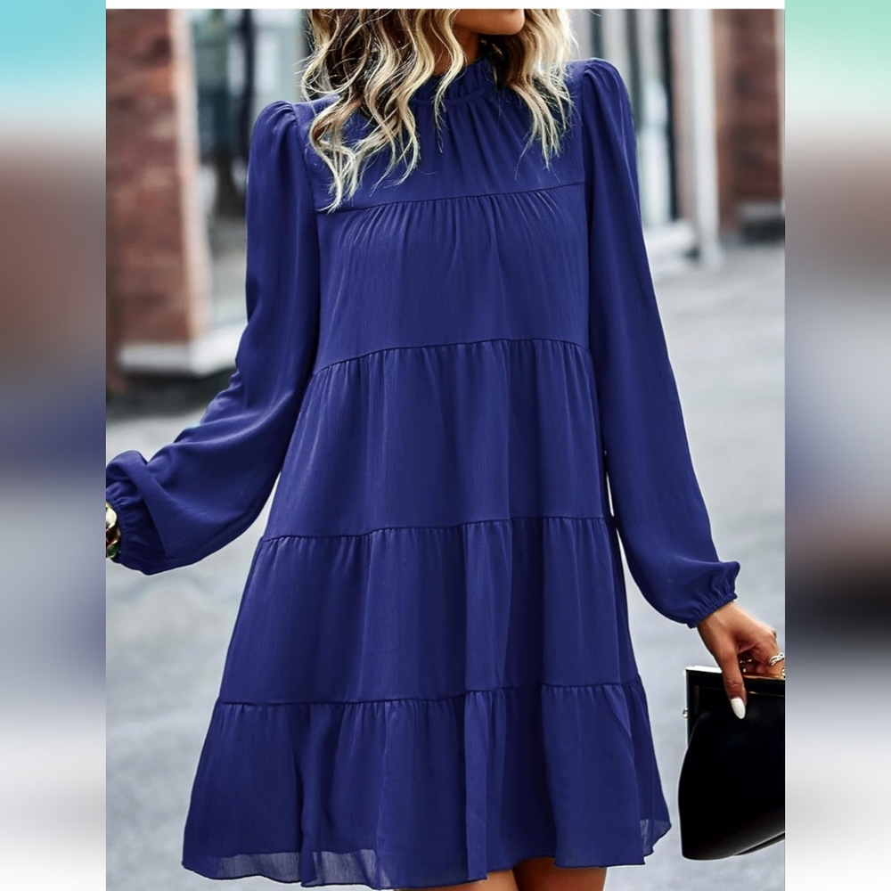 Women's Long Sleeve Ruffle Mock Neck Tiered Mini Dress Casual Tunic Dress NWT
